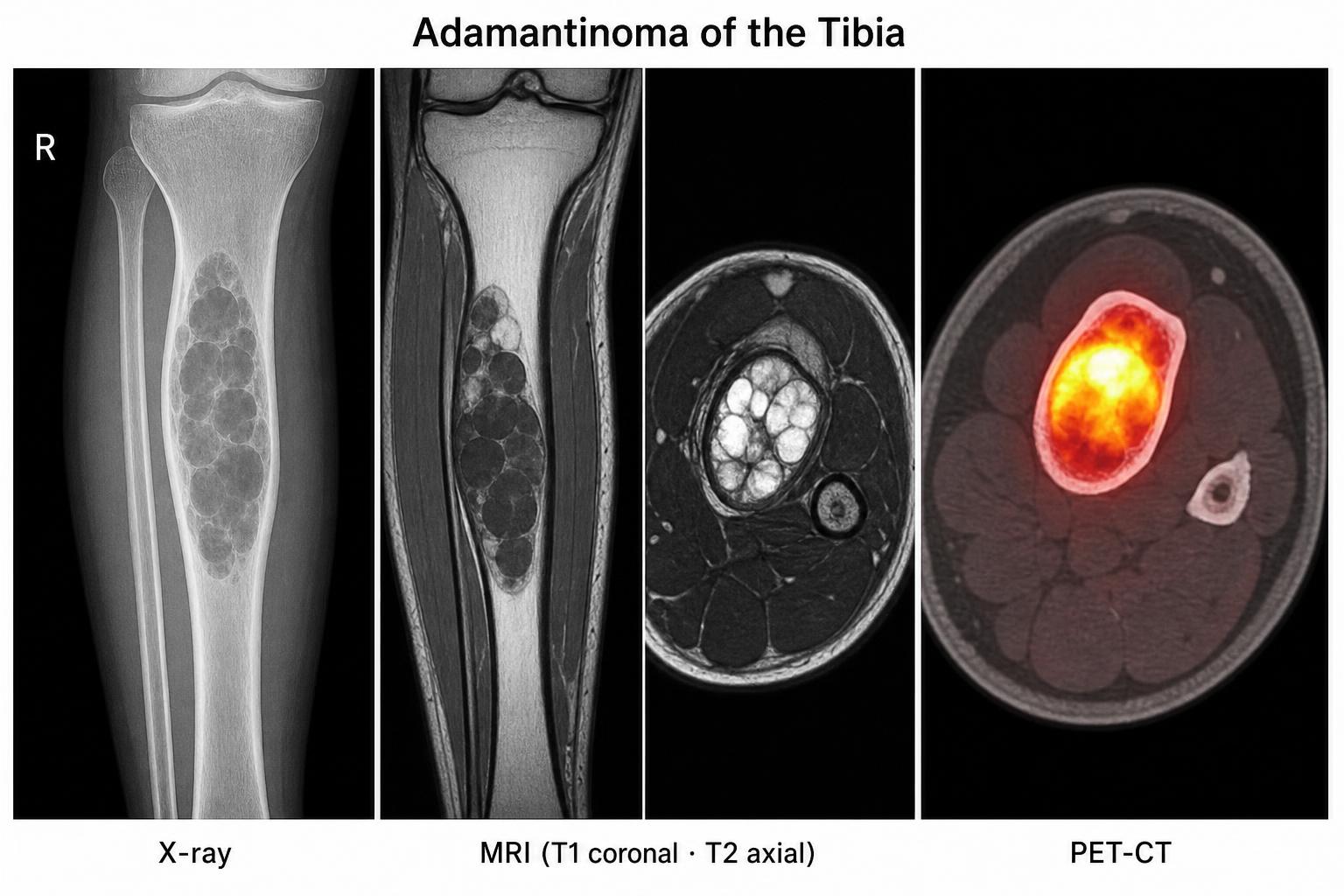 Adamantinoma of the tibia — imaging collage. Left: plain X-ray showing a multiloculated lytic 'soap-bubble' lesion in the tibial shaft. Middle: MRI with T1 coronal and T2 axial images showing an intramedullary lesion with cortical involvement. Right: PET-CT axial slice demonstrating intense FDG uptake in the tibial diaphysis.