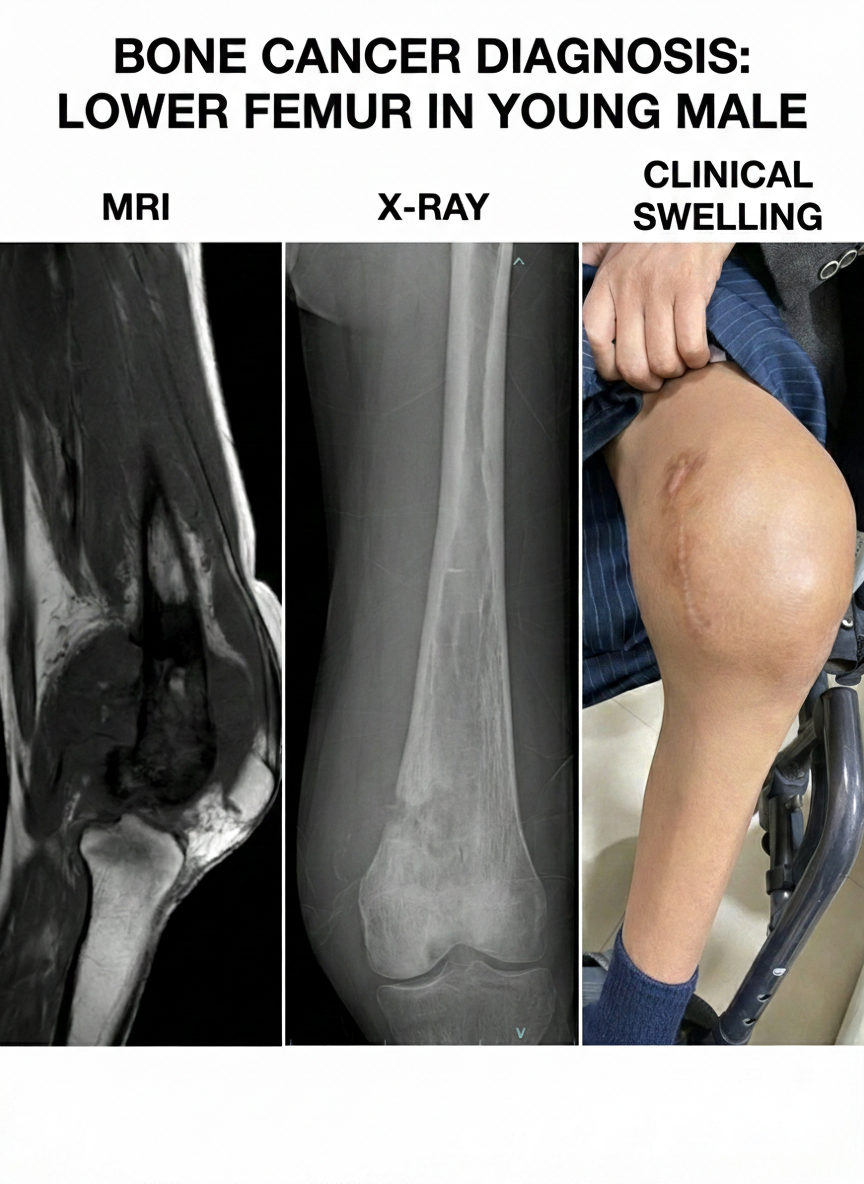 Bone cancer diagnosis — MRI, X-ray and clinical swelling of the lower femur