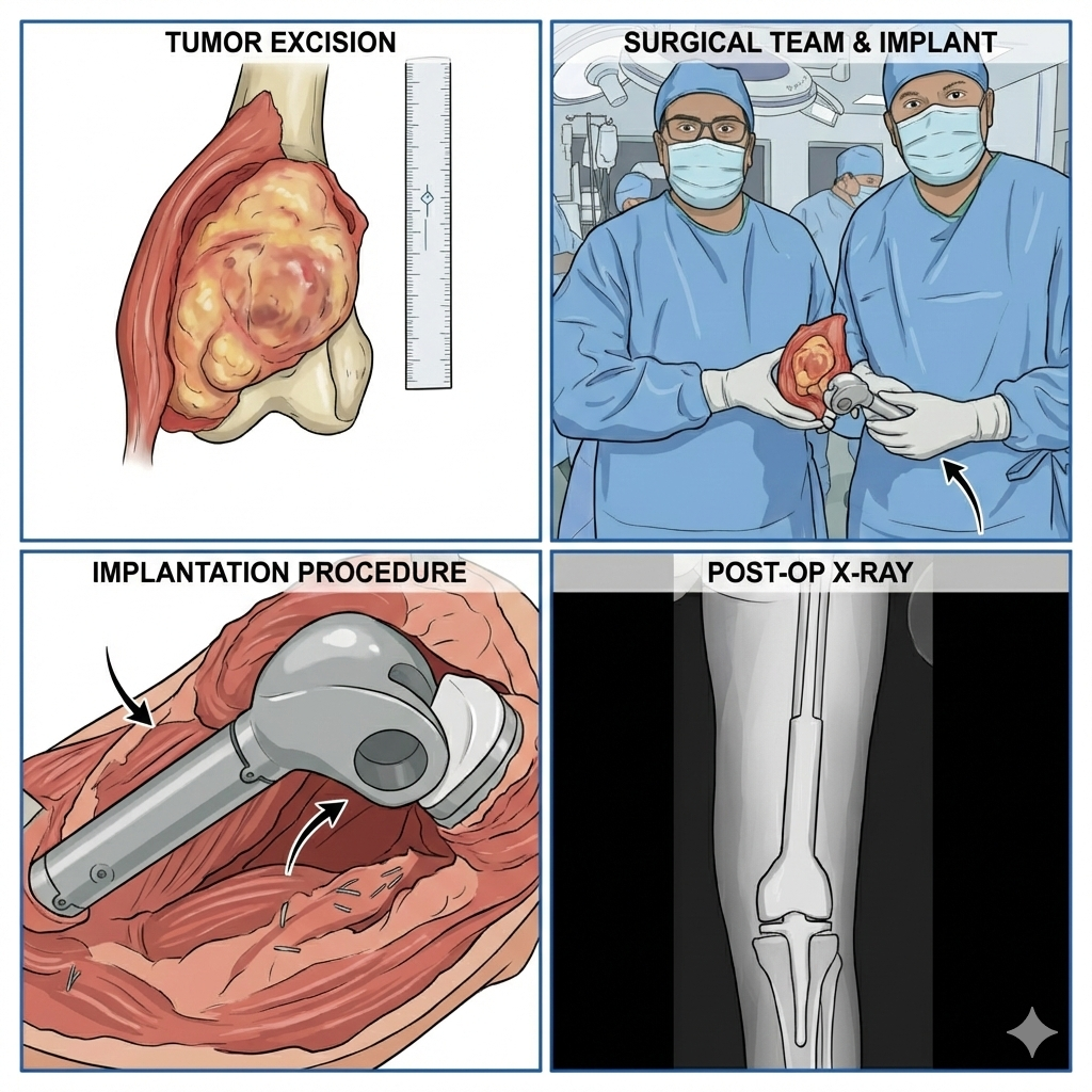 Limb salvage surgery — tumour excision, surgical team, implant and post-op X-ray